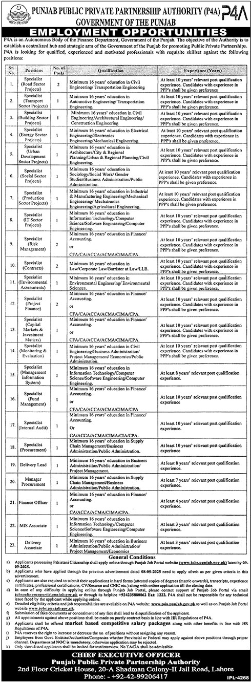 Jobs in Punjab Public Private Partnership Authority